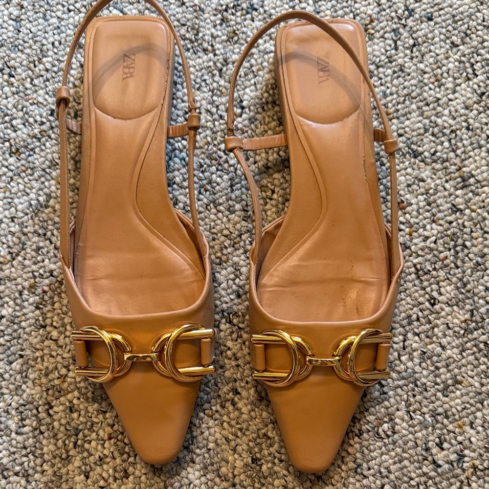 Zara Brown Slingback Flats with Gold Buckles